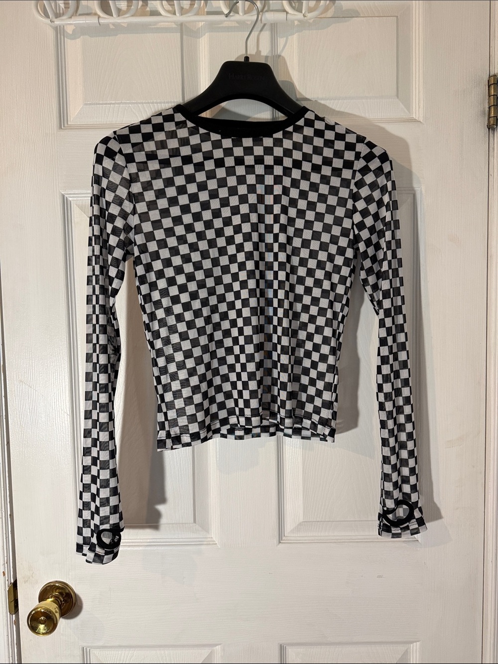 Current Mood Black and White Checkerboard Long Sleeve Mesh Top
